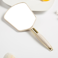 高清手柄化妆镜手拿美容手柄镜子随身便携韩国复古雕花纹绣镜子|方形纳米白
