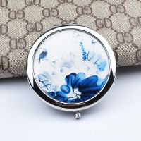 金属化妆镜随身美容小镜子可爱折叠创意迷你山水画双面圆镜小礼品|青花荷花
