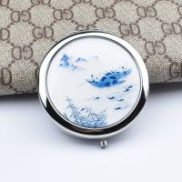 金属化妆镜随身美容小镜子可爱折叠创意迷你山水画双面圆镜小礼品|青花渔船