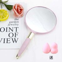 新款欧式复古手柄化妆镜手拿手持美容院美容镜子随身便携高清镜子|欧式圆形镜-粉色+送随机粉扑