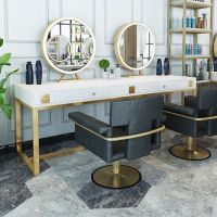 大理石理发店双面镜发廊美容工作室专用网红烫染桌美发店镜台带灯|烤漆单面2人位+2个单面镜 标配