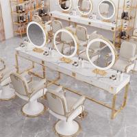 大理石理发店双面镜发廊美容工作室专用网红烫染桌美发店镜台带灯|烤漆单面3人位+3个单面镜 标配