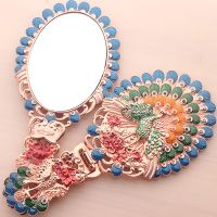 俄罗斯化妆镜台式公主便携手柄折叠镜子手持复古孔雀仿铜美容镜子|开屏玫瑰金