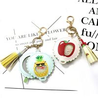 花朵化妆镜随身便携美容镜折叠迷你双面镜圆镜pu皮钥匙扣挂件|蓝色菠萝 单买一个