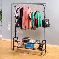 u形晾衣杆日式简约衣帽架户外晾衣架晒被子大型衣架出租房用单杆|双层中号黑色衣帽架+轮子