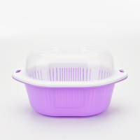 粤巧双层塑料厨房洗菜沥水篮保洁篮收纳篮带盖椭圆形镂空33*23*18|紫色(自然色)