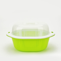 粤巧双层塑料厨房洗菜沥水篮保洁篮收纳篮带盖椭圆形镂空33*23*18|绿色(自然色)