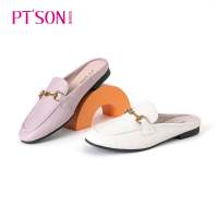 百田森 2020春款 白色紫色低跟舒适穆勒拖女鞋