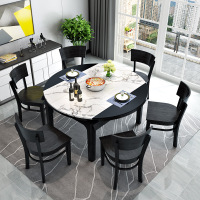 店庆特惠大理石餐桌椅组合现代简约可折叠伸缩实木圆桌歺桌饭桌黑色家具