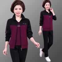 中老年运动服套装女春秋季三件套中年妈妈休闲装拼色运动套装女50