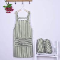 薄款麻布艺围裙秋季薄透气轻薄无袖套成人套装厨房三件套秋天女 条纹(book)绿色套袖-536