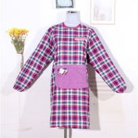 厨房长袖纯棉围裙女韩版时尚成人罩衣工作服大人反穿衣全棉女 彩棉粉格大口袋