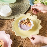日韩式可爱好看陶瓷梅花瓣网红拍照盘子点心辅食小吃冷菜蘸酱料碗 一套梅花碗盘-浅黄(1盘+1碗)