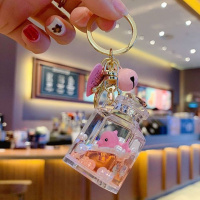 网红漂浮海洋动物液体挂件钥匙扣链女流沙漂流瓶入油书包挂饰 海洋漂浮物-粉瓶粉海豚