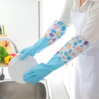 橡胶手套胶皮绒毛长袖用厨房用加长男防水特大号乳橡筋加厚加绒 束口加绒-蓝色幸运花 L