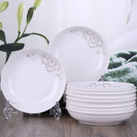 10个菜盘 中式创意陶瓷圆盘饭盘碟子可微波炉汤盘 家用碗盘子餐具 简爱10只8英寸菜盘