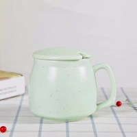 养森杯子创意陶瓷杯logo带盖勺广告杯刻早餐杯礼品 满天星绿色带盖