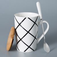 文艺时尚盖有印花简约口杯带瓷杯家用陶杯子勺子对杯白色盖大容量 情之网(竹盖+勺)