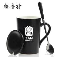 钢铁侠蜘蛛马克杯漫威复仇者联盟4陶瓷杯子咖啡杯水杯带盖勺 格鲁特黑色雕刻杯