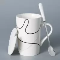 文艺时尚盖有印花简约口杯带瓷杯家用陶杯子勺子对杯白色盖大容量 春天华尔兹(瓷盖+勺)