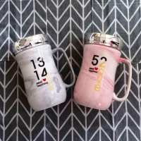 创意马克杯杯子可爱情侣咖啡杯一对韩版女学生水杯带盖勺潮流。 1314灰+520粉(2只)杯+镜子盖+