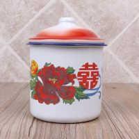 双喜杯子老式水杯加厚油大号凉水带花用品茶缸婚庆搪瓷带装盖怀旧 带盖10cm