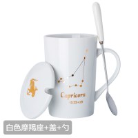 新款居家马克杯 十二星座创意情侣水杯家用喝水杯子 办公室咖啡杯 白色魔羯座+盖+勺