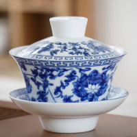 盖碗茶杯大号盖碗功夫茶具盖碗陶瓷碗青花瓷三才盖碗特大号冲茶器 荷塘月色
