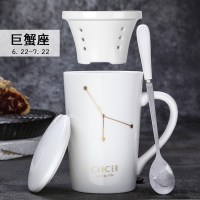 创意黑釉杯子陶瓷泡茶杯过滤咖啡杯潮流水杯办公室马克杯带盖勺 巨蟹座