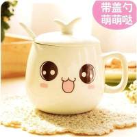 水杯家用带盖带勺儿童马克杯卡通杯子陶瓷杯随手杯可爱咖啡杯套装 萌萌哒[带盖子勺子]