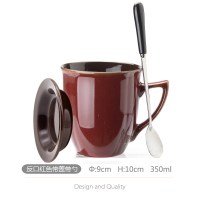 家用马克杯带盖勺创意情侣杯子北欧风ins个性陶瓷水杯简约咖啡杯 反口杯红色带盖带勺
