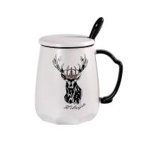 大理石纹马克杯带盖勺创意陶瓷大水杯办公咖啡杯韩版学生女牛奶杯 皇冠鹿