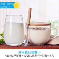 日式马克杯早餐杯玻璃透明带盖勺牛奶杯麦片杯麦片碗奶茶杯燕麦杯 早餐杯+竹盖+木勺+慕斯杯