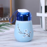 【雪梅灯泡杯子】创意陶瓷杯便携随手杯可爱马克杯学生喝水杯带盖 灯泡杯雪梅蓝