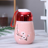 [雪梅灯泡杯子]创意陶瓷杯便携随手杯可爱马克杯学生喝水杯带盖 灯泡杯雪梅粉红