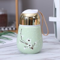 [雪梅灯泡杯子]创意陶瓷杯便携随手杯可爱马克杯学生喝水杯带盖 灯泡杯雪梅浅绿