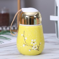 [雪梅灯泡杯子]创意陶瓷杯便携随手杯可爱马克杯学生喝水杯带盖 灯泡杯雪梅黄