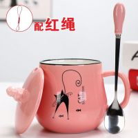 带刻度儿童水杯陶瓷杯牛奶杯子陶瓷马克杯生肖杯学生早餐杯带盖勺 粉色小黑猫生肖杯+葫芦盖+专属勺+红绳