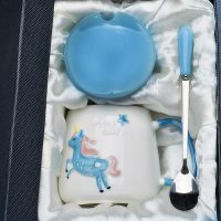 创意独角兽可爱水杯子女生超萌少女心学生卡通陶瓷杯带盖勺 (礼盒装)蓝色-独角兽