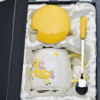 创意独角兽可爱水杯子女生超萌少女心学生卡通陶瓷杯带盖勺 (礼盒装)黄色-独角兽