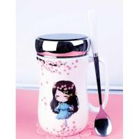 办公室大号女家用口杯有盖保温带把手可爱成人陶瓷条纹喝水杯子。 樱花姑娘送杯刷杯垫勺子