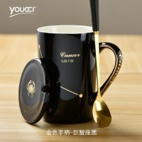 星座情侣杯 个性陶瓷杯子创意马克杯 办公室咖啡杯家用水杯带盖勺 字母手柄巨蟹黑