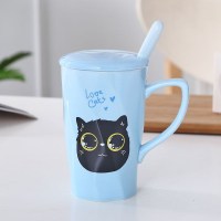 520 1314陶瓷杯马克杯带盖带勺男女情侣创意杯子水杯牛奶杯咖啡杯 螺旋杯蓝色黑猫