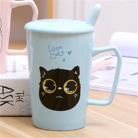 520 1314陶瓷杯马克杯带盖带勺男女情侣创意杯子水杯牛奶杯咖啡杯 蓝色黑猫