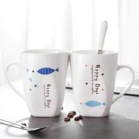 情侣杯子女学生韩版一对马克杯子陶瓷可爱牛奶杯早餐杯咖啡杯水杯 鱼上+鱼下情侣杯一对(带一对勺)