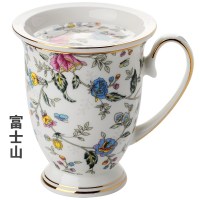 欧式唐山骨瓷咖啡杯陶瓷创意马克杯水杯茶杯牛奶杯子家用碎花杯 富士山风情皇室杯带盖富士山风