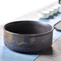 。粗陶茶洗大号 陶瓷水洗碗 手绘杯笔洗 水培花盆 功夫茶具茶道配 直款素陶茶洗-黑鎏金