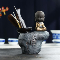 商务茶匙茶笔中式镊子收纳筒茶夹简约单人茶具刷子套装茶桶6件 I24-紫砂悟字小和尚茶道-黑檀