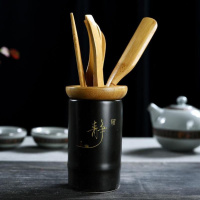 商务茶匙茶笔中式镊子收纳筒茶夹简约单人茶具刷子套装茶桶6件 N42-黑釉静字六君子