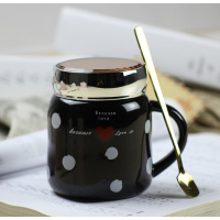 创意可爱陶瓷杯家用网红情侣喝水杯子马克杯办公室女咖啡杯带盖勺 黑色杯+盖+金勺+杯垫+棉刷